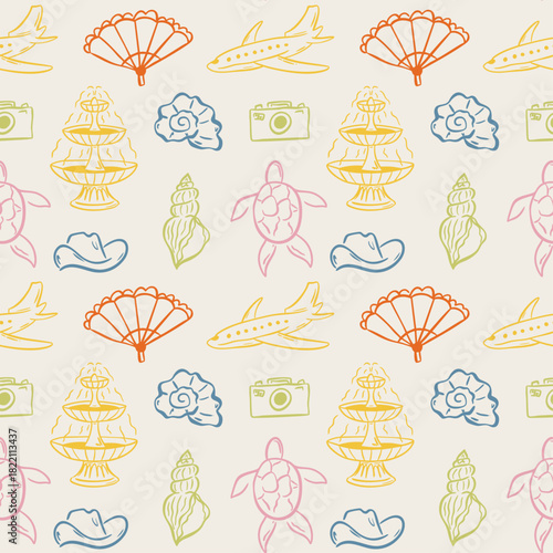 Whimsical hand drawn summer seamless pattern in trendy hand drawn style. Perfect background for quirky italian wedding holiday, poster cards, dinner and bar menu, fabric, wrapping paper
