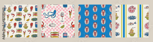Whimsical hand drawn sea food seamless pattern in trendy whimsical style. Perfect  background for quirky italian wedding holiday, poster cards, dinner and bar menu, fabric, wrapping paper