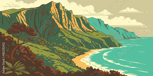 Kauai Nā Pali Coast cliffs retro