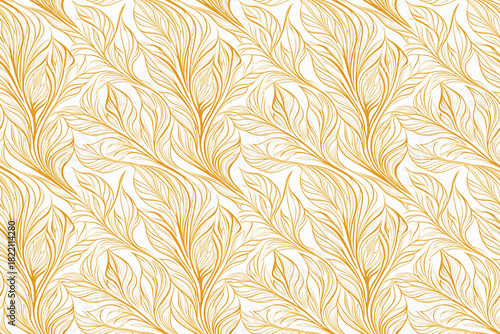 Seamless minimalist abstract pattern with stylized golden leaves, gold lines, luxury, elegance, for premium home decor