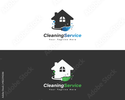 House cleaning service logo with broom and bubbles home