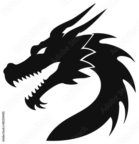 Stylized black silhouette of a fierce mythological dragon head profile