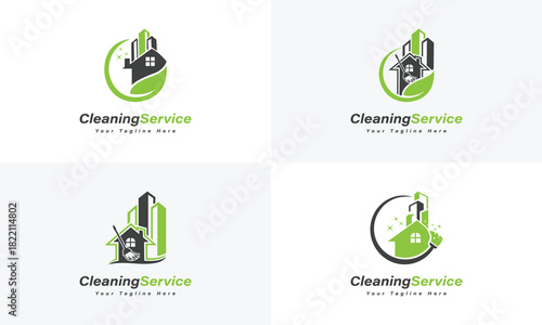 Four cleaning service logo designs with house building and green leaf elements home
