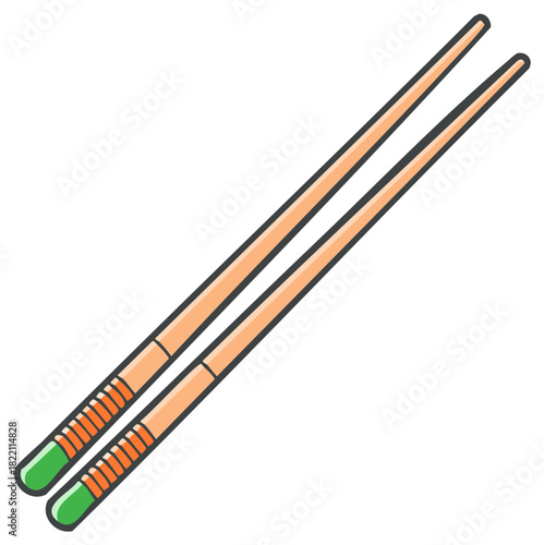 Colorful cartoon illustration of a pair of traditional wooden chopsticks for Asian cuisine