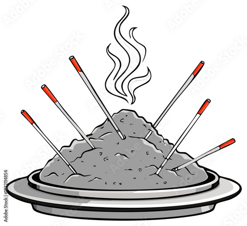 Traditional ceremonial offering with smoking incense sticks in ash mound on a round dish