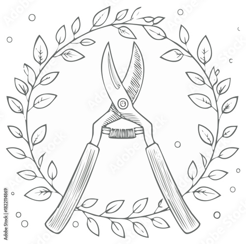 Hand Drawn Garden Pruning Shears and Green Leaf Wreath Monochrome Illustration