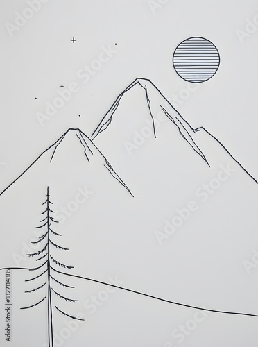 Serene Mountainscape: A minimalist illustration of majestic mountains beneath a celestial body. Showcasing the stark beauty and tranquility of nature, inviting contemplation and peace.