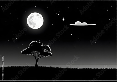 Serene Nightscape: Witness the peaceful stillness of a moonlit night, where a solitary tree stands silhouetted against a star-studded sky, evoking a sense of tranquility.
