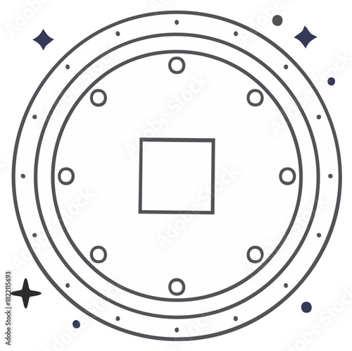 Mystical Circular Symbol with Inner Square and Celestial Sparkles