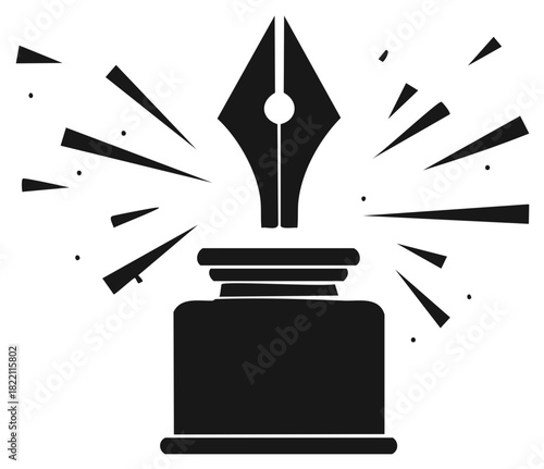 Iconic fountain pen nib rising from an inkwell with radiating lines symbolizing creative ideas and writing