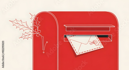 Holiday Wishes: A cheerful red mailbox, adorned with delicate holly, receives a festive letter, embodying the season's spirit. 