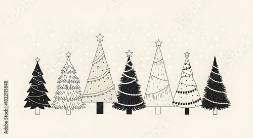 Festive Forest: A charming illustration depicts a whimsical arrangement of stylized Christmas trees adorned with festive details.