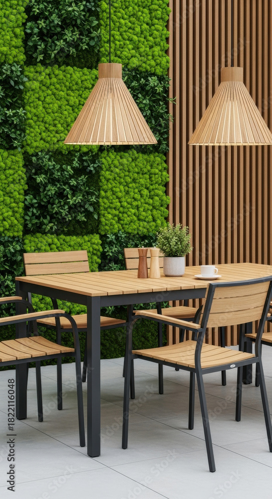 Obraz premium Modern outdoor dining set with green wall backdrop