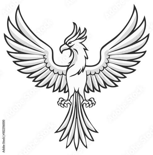 Monochrome illustration of a mythical phoenix with wings spread wide for a logo or emblem