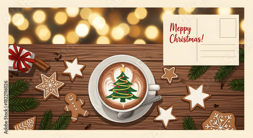 Holiday Delight: A festive Christmas scene features a meticulously crafted latte art design of a Christmas tree, surrounded by gingerbread, stars, cinnamon sticks, and postcards.