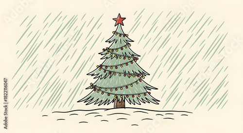 Holiday Pine in Winter: An illustrated Christmas tree, adorned with twinkling lights and a festive star, stands steadfastly in a winter scene, bringing holiday cheer to a snowy landscape.