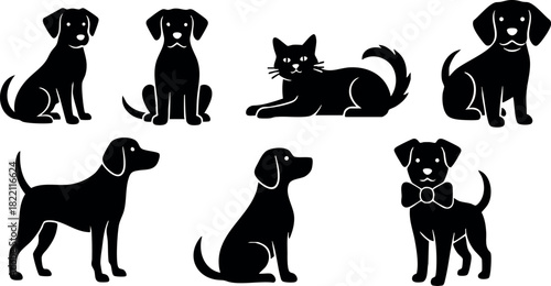 Black silhouette dogs and cat pet animals sitting and standing vector illustration