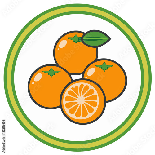 Group of fresh oranges with one sliced in half and a leaf inside a green circle