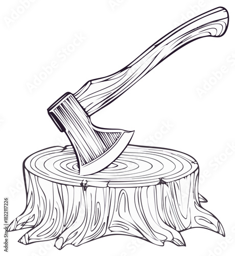Illustration of an axe embedded in a tree stump