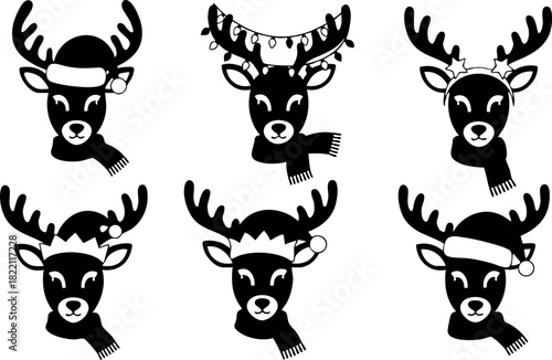 Six black and white reindeer heads with christmas hats and scarves festive holiday winter vector illustration