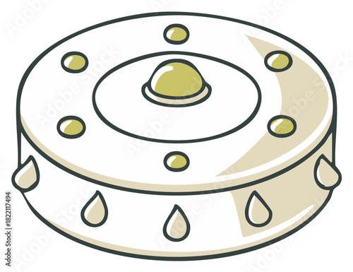 Abstract stylized illustration of a cylindrical object with droplets and decorative elements