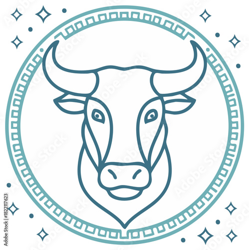 Stylized Taurus Zodiac Sign Icon with Greek Key Border and Stars