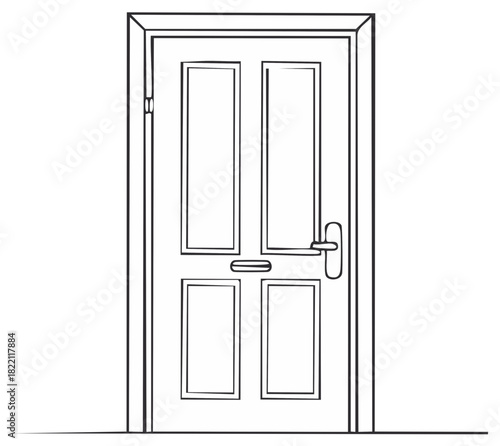 Vector outline drawing of a classic four panel door with handle and mail slot