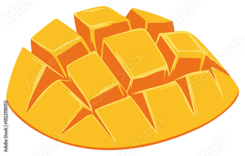 Diced mango fruit illustration showing vibrant yellow orange scored flesh perfect for healthy tropical food
