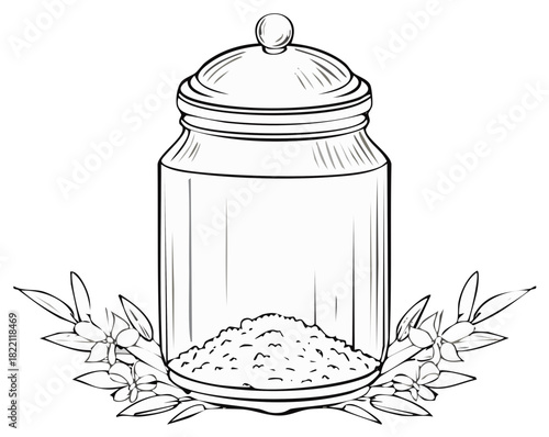 Line Art Jar Filled with Crumbs Surrounded by Flowers and Leaves