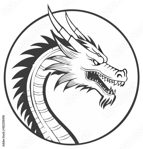 Stylized Dragon Head Emblem in Black and White Circle, Fierce Expression
