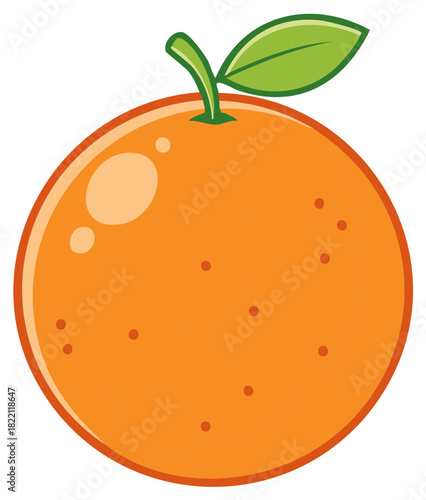 Cartoon style illustration of a fresh, ripe orange fruit with leaf detail