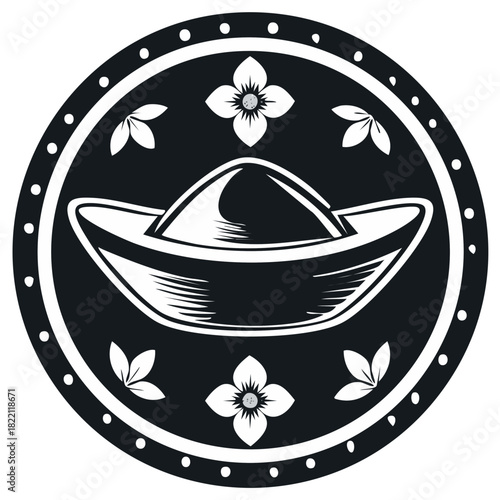 Stylized Chinese Gold Ingot with Floral Motifs in a Circular Emblem