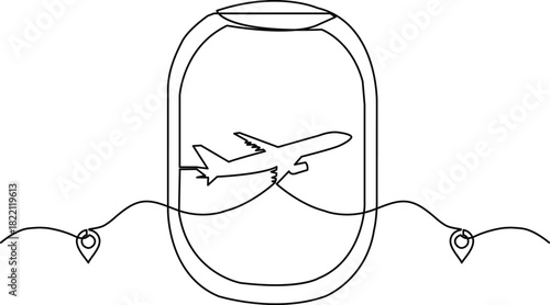 A flying plane viewed through the window frame