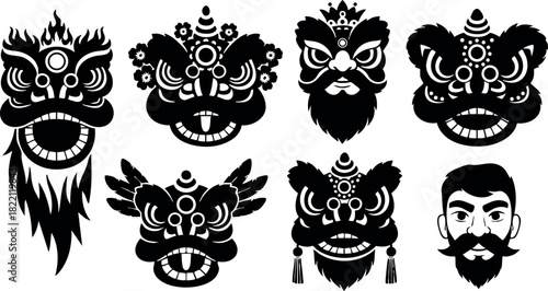 Traditional asian mythological masks set black and white vector illustration with facial hair and ornamental designs