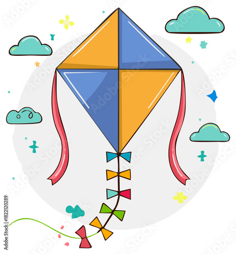 Joyful diamond kite with colorful streamers flying among stylized clouds and stars