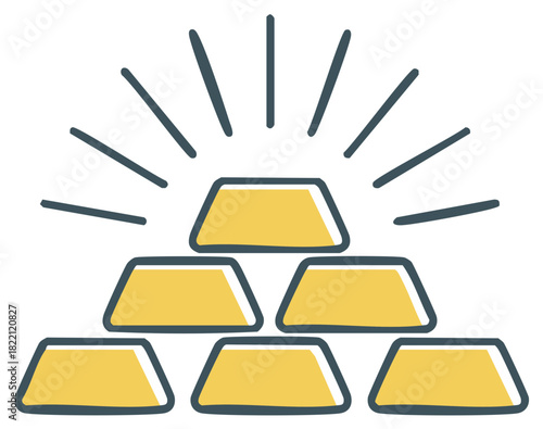 Simple doodle icon of a shining pyramid of stacked gold bars symbolizing wealth