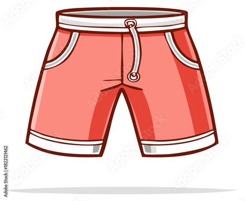 Vibrant red casual shorts cartoon illustration with white trim and drawstring perfect for summer beachwear or athletic sports fashion