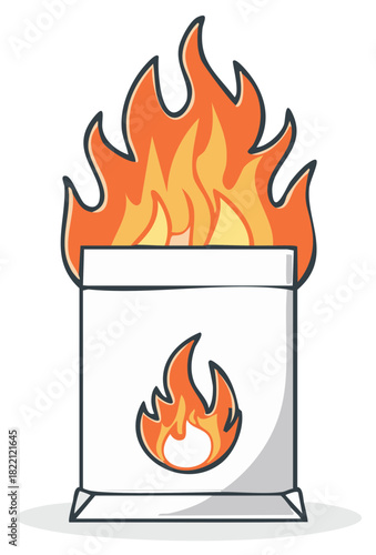 Simple illustration of a burning waste bin with a flame icon and bright fire
