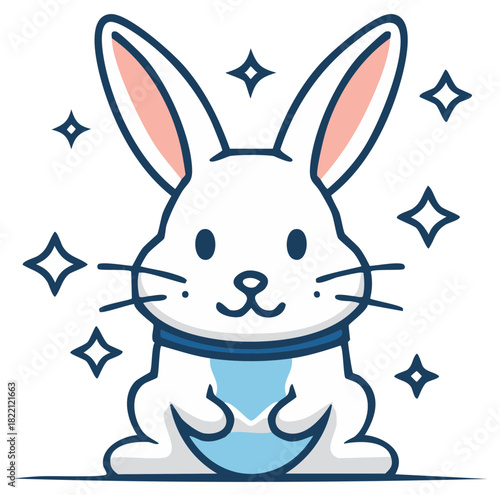 Cute cartoon white bunny rabbit with sparkles and blue scarf illustration