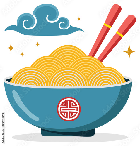 Vibrant Asian Noodle Soup Bowl with Red Chopsticks, Auspicious Cloud and Cultural Symbol