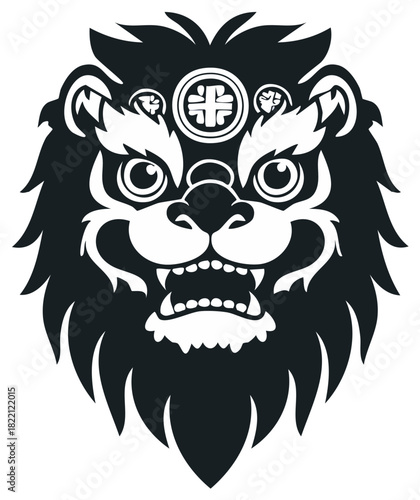 Lion Head Silhouette. Chinese New Year, Lion Dance. Black and White Vector.