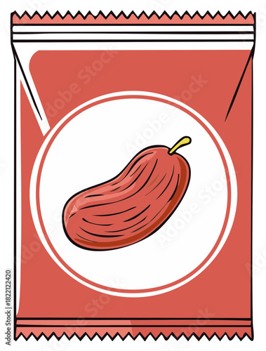 Illustration of a snack food package with a single pickled cucumber inside