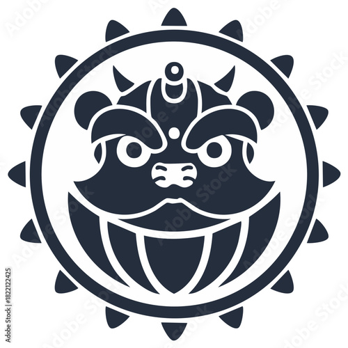Stylized emblem of a fierce mythological Asian guardian beast with fangs and horns