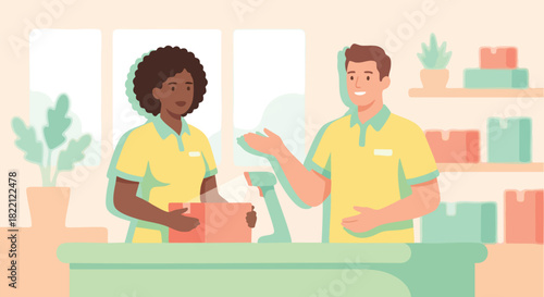 Two retail employees stand behind a store counter discussing a package while working together in a bright, friendly shop environment