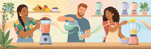 A cheerful group of diverse people prepare colorful smoothies together at a bright kitchen counter, blending fruits in an energetic and friendly atmosphere