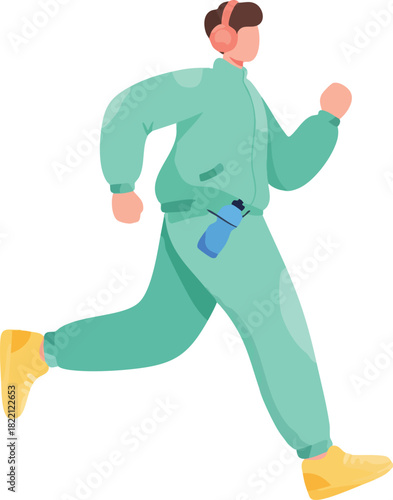 A person in a mint-green tracksuit runs energetically with headphones on, holding a water bottle at their waist during a casual outdoor jog