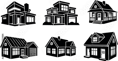 Set of black silhouette houses vector illustration with different styles and roofs