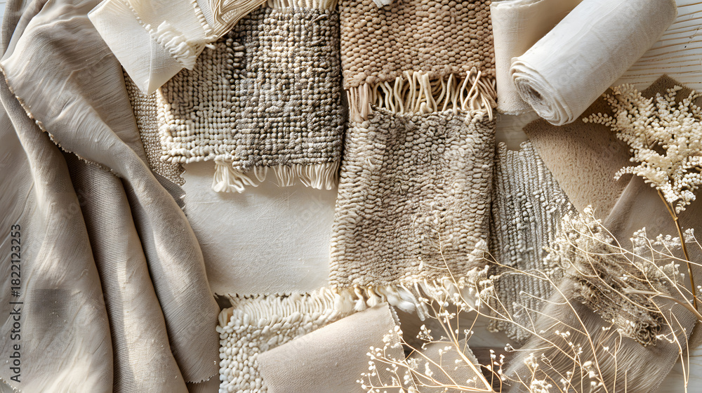 Fototapeta premium premium fabric swatches in neutral tones, linen wool and boucle textures, arranged aesthetically on designer mood board, soft natural shadows, macro detail, cinematic styling, clean editorial look