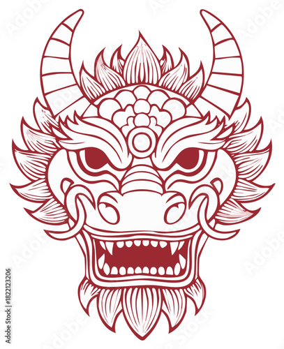 Detailed red outline of an Asian dragon head with horns and open jaws