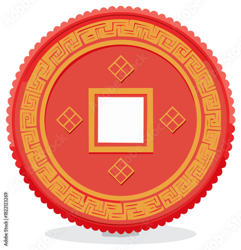 Traditional Chinese Red Gold Coin with Square Hole and Ornate Pattern